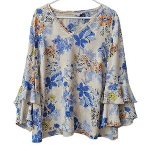 Nanette Lepore Floral V-Neck Top Blouse Plus Size 2 Ruffle Sleeve Blue